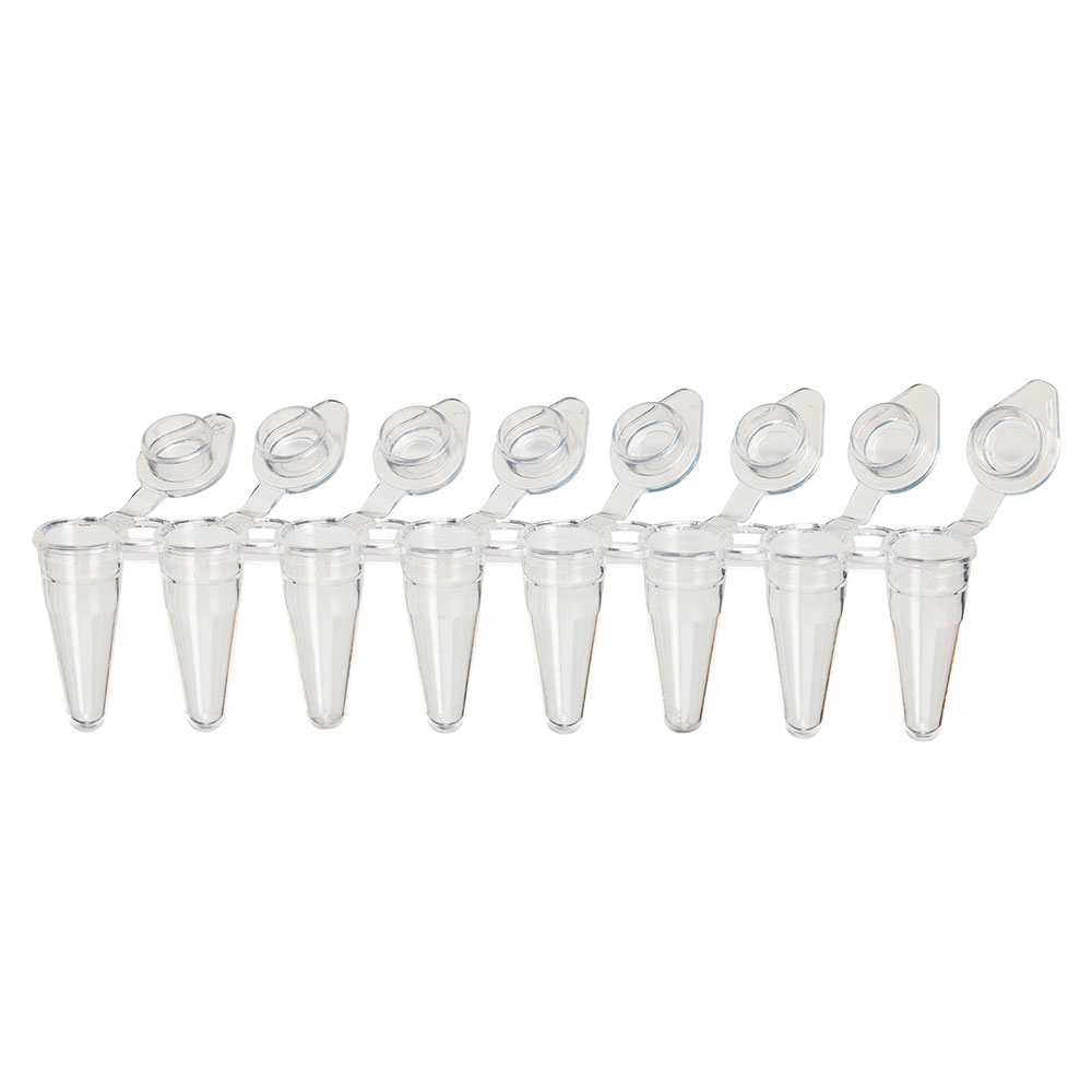 Globe Scientific DiamondLink 0.1mL 8-Strip Tubes, Low-Profile, with Individually-Attached Flat Caps, Clear 
